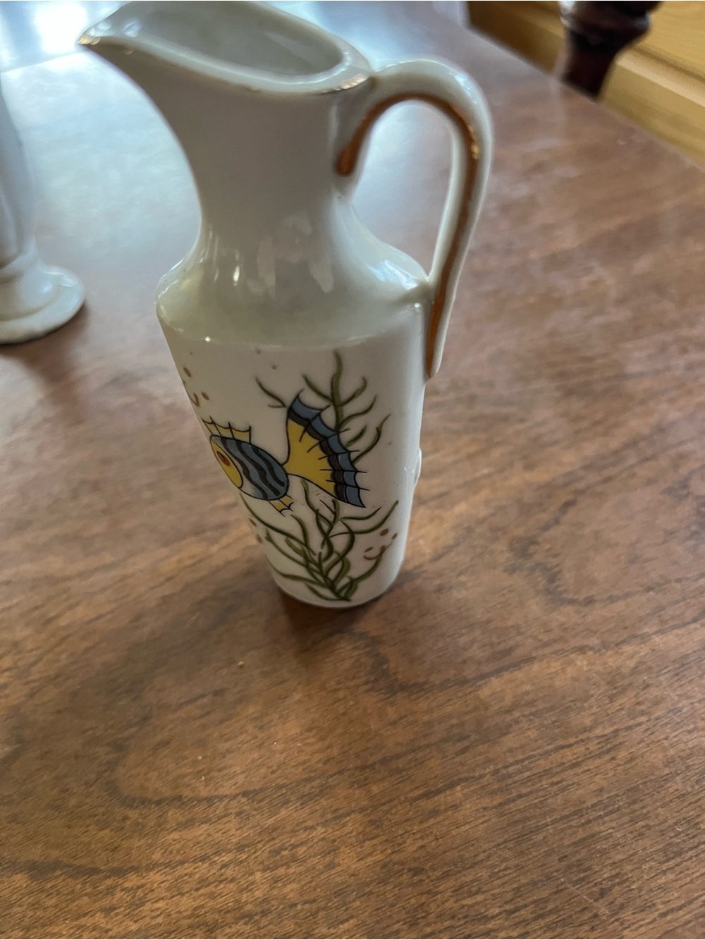 White Ceramic Pitcher Vase with Yellow & Blue Fish Design